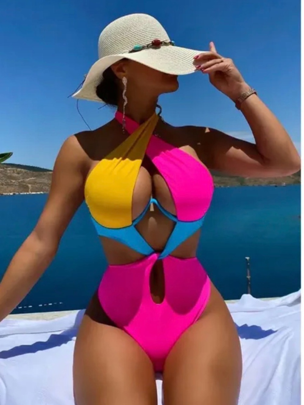 Colorblock Cutout One-Piece Swimsuit - Yellow, Pink & Blue